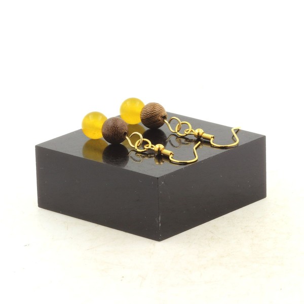Ohrringe 2 Perlen Achat Gelb + Holz 8 Mm Aus Edelstahl Golden-image