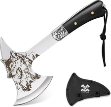 Camping Hatchet with Wolf Carving, Full Tang Outdoor Axe with Decorative Handle