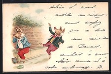 Lithographie Schweine als Schüler auf dem Schulweg bei einer Schneeballschlacht 