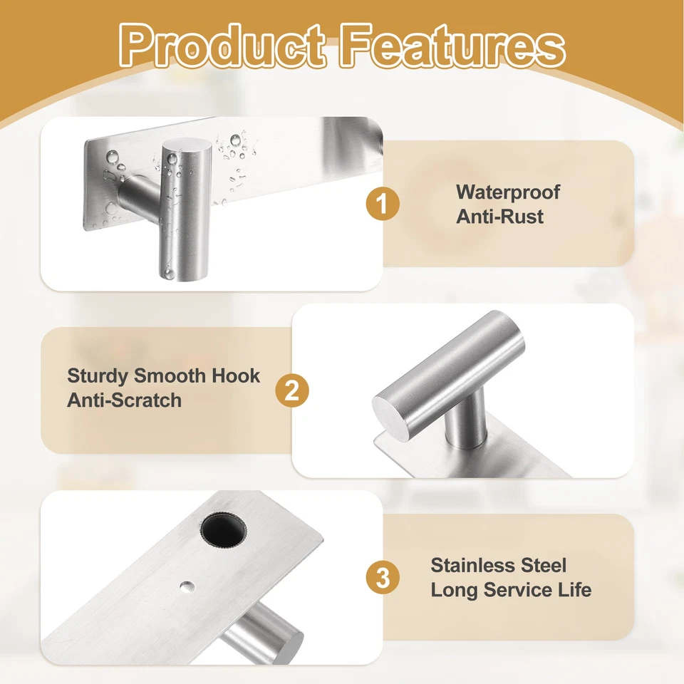 1 Set Hat and Coat Wall Mount Rack, 3 Hook Towel Racks, Silver Foto 3 de 4