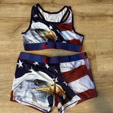Ethika Women's America USA Eagle Print Activewear Bra Shorts Set Size L