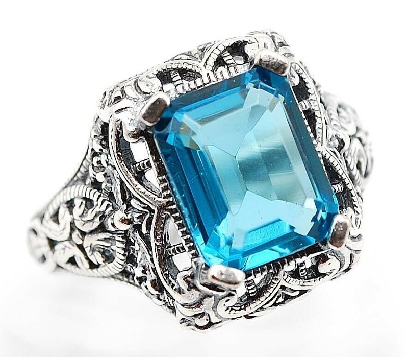 4CT Heat Treated Blue Topaz 925 Sterling Silver Filigree Ring Sz 8 XA1-4