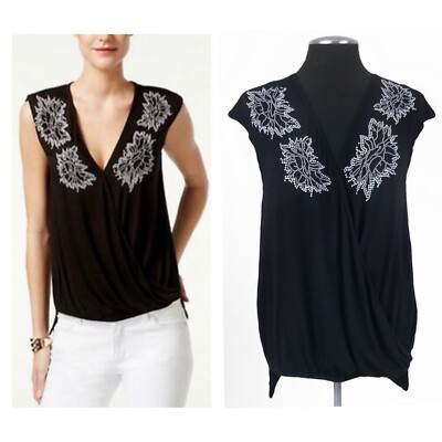 Cupio - Rhinestone Embellished Floral Cap Sleeve Knit Stretch Top - Small - NWT