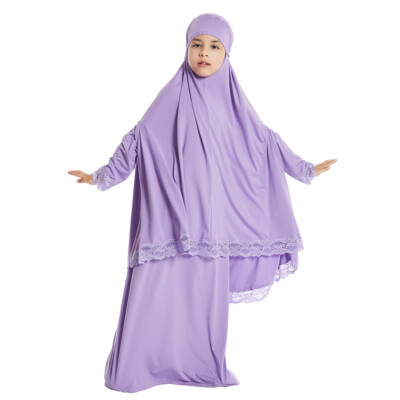 2Pcs Sets Kids Girls Muslim Top Long Skirt Large Headscarf Khimar Ramdan Prayer
