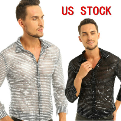 Heren Disco Shirt Glanzend Gouden Pailletten Metallic Dress Shirt Revers Lange Mouw Knoopsluiting kopen vanaf een prijs van 18