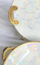 Art Deco Lusterware Compote VTG Footed Bowl Plate Set Fairy Gold Trim Iridescent