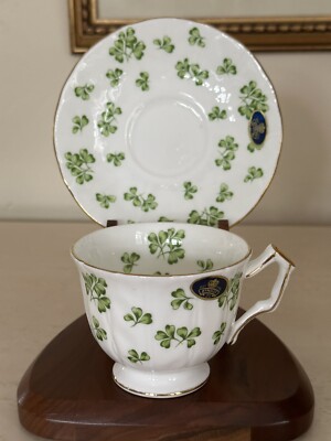 Aynsley Shamrock Green Clover Bone China Tea Cup & Saucer W/ Original Stickers!
