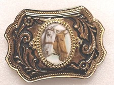 Western Belt Buckle Porcelain Center Painted Horses Gold Tone Black Unisex