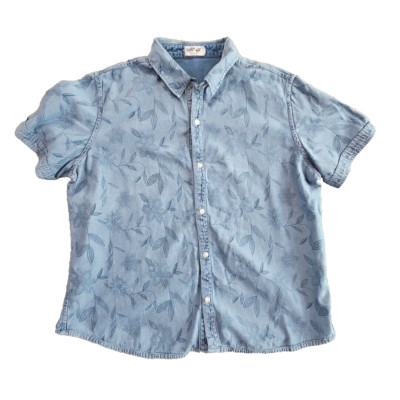 Krazy Kat Shirt Women s XL (50'' Chest) Floral Denim Short Sleeve AOP EUC Blue