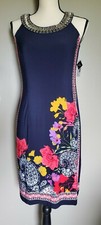 Roz & Ali Women's XS Stretch Navy Floral Sheath Pencil Dress Beaded Neckline