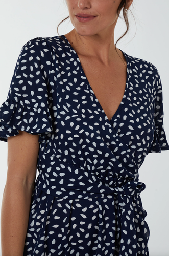 Mini abito da donna bianco navy bianco a pois avvolgente anteriore in peplum. UK 8 10 12 14 16 - Foto 4 di 7