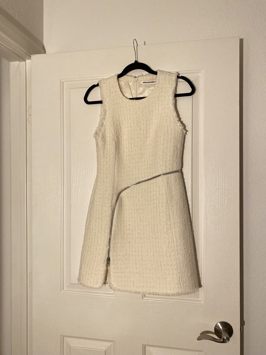 alexander wang tweed mini dress ALEXANDER WANG Black White Metallic Tweed Zipper Detail Sleeveless Mini  Dress 4
