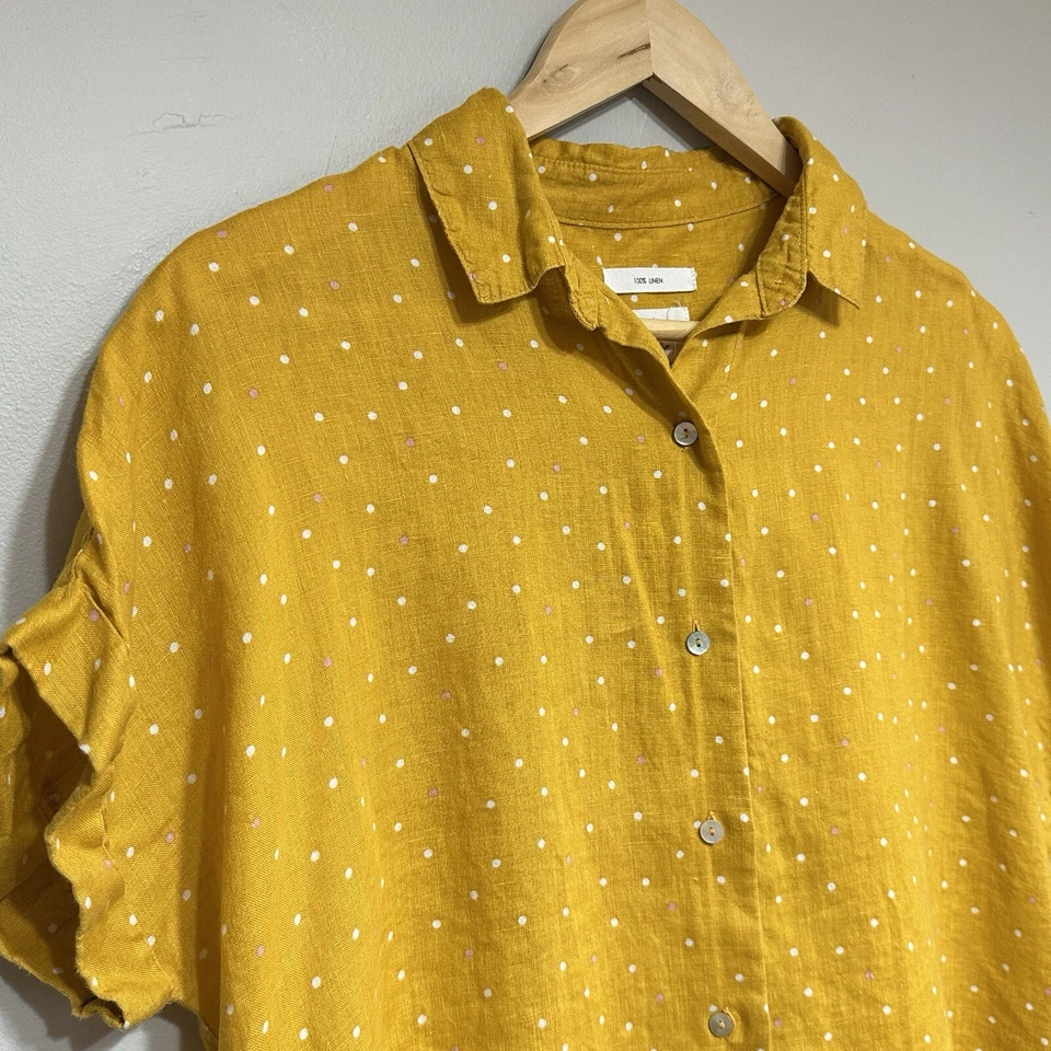 Blusa corta Nicole Miller a lunares 100 % lino para mujer S amarilla retro años 50 informal Foto 3 de 4