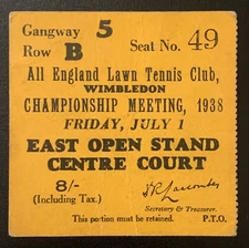 1938 Don Budge Wins Wimbledon Final Historic Grand Slam Season Ticket Stub