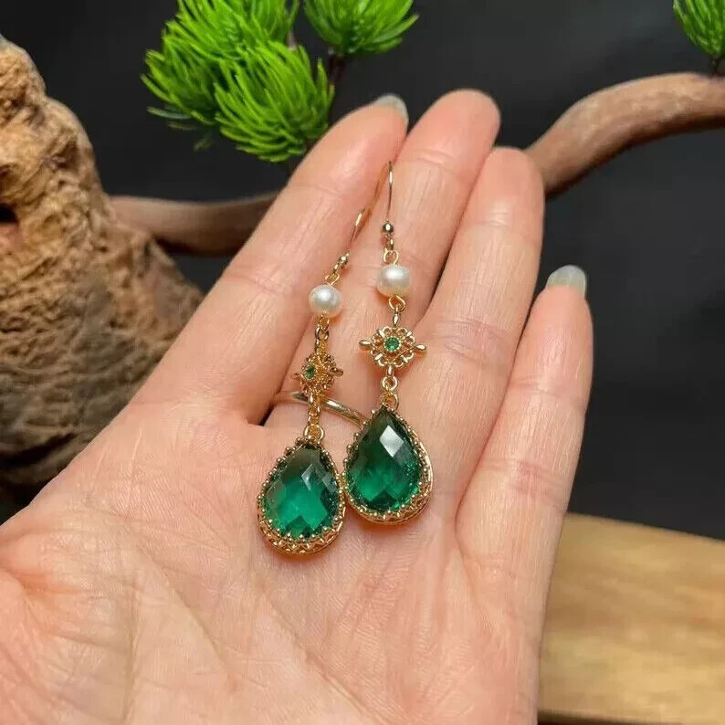 Ct Pear Simulated Emerald Drop/Dangle Earrings 14K Yellow Gold