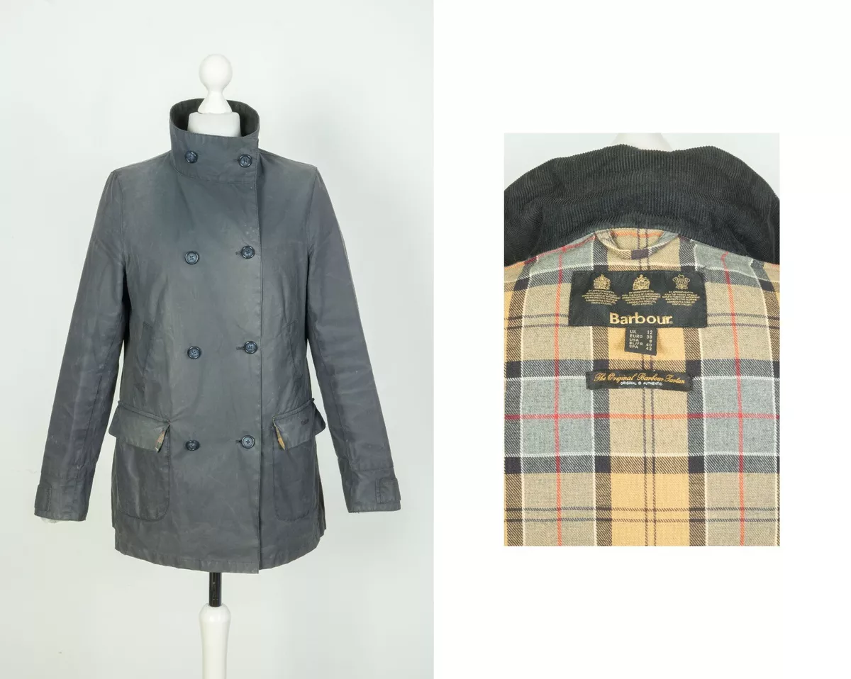 Ladies Barbour Double Breasted Wax Cotton Navy Blue Coat Jacket Size UK 12 US 8