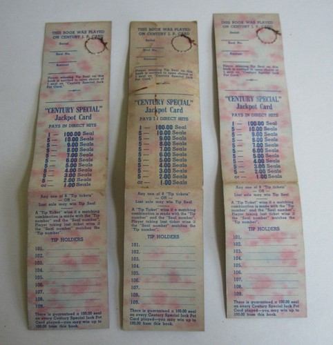 Lot of 3 Old Vintage 1940's - CENTURY SPECIAL - Pull Tab - Game CARDS - Picture 2 of 2