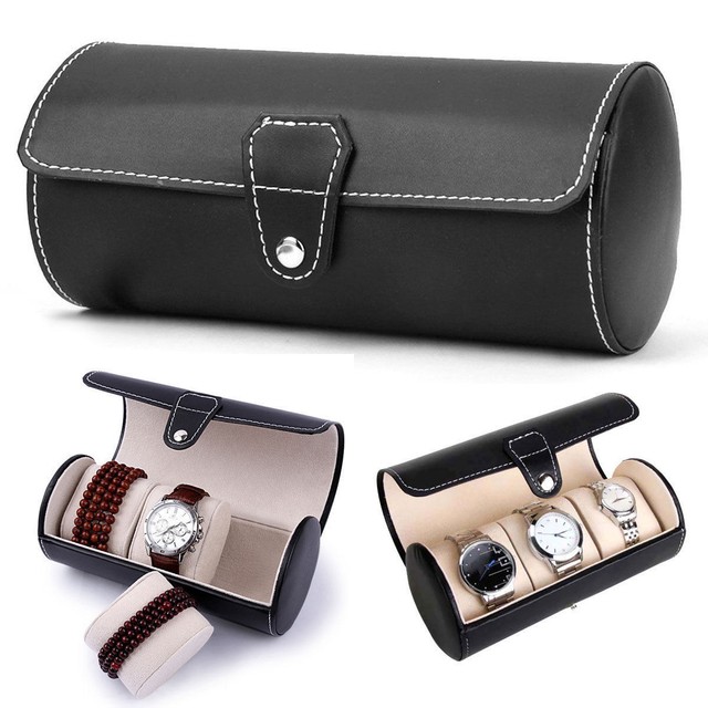 3 Slot Black PU Leather Travel Watch Holder Jewelry Collector Organizer