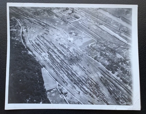 1945 WW2 REAL BLACK WHITE AERIAL PHOTO RAILWAYS AT AULNOYE GERMANY AFTER BOMBING