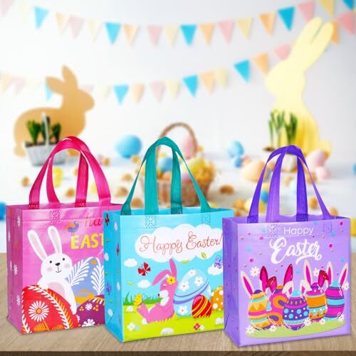 6PCS Easter Egg Hunt Bags - Bunny Carrot Chick Non-Woven Gift Bags With Handles 13x13x4