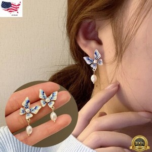 Authentic Butterfly Pearl Earrings Enamel Gold Plated Ear Stud Dangle Jewelry Simulated