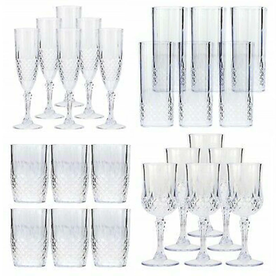 FABOER 6 x VINTAGE CLEAR CRYSTAL EFFECT PLASTIC GLASSES DRINKING PICNIC GARDEN ACRYLIC