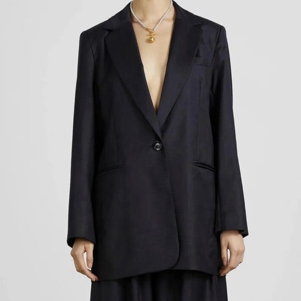ANNA QUAN Women’s Black Wool Blazer Jacket Single Button Long Size 14 oversized