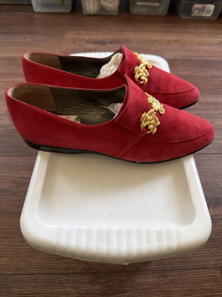 Mocasines Prevata Made in Italy de gamuza roja para mujer 6,5 dorado detalle mono sin cordones Foto 2 de 4