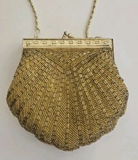 Vintage Beaded Evening Bag Bronze Gold Shell Design Purse Kiss Lock Clutch