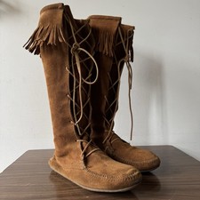 Minnetonka Fringe Knee High Moccasin Boots Womens 8 Brown Suede Lace Up Boho