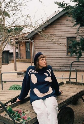 Slow Love Navy Feel Good Hand Knit Jumper Size Small Medium