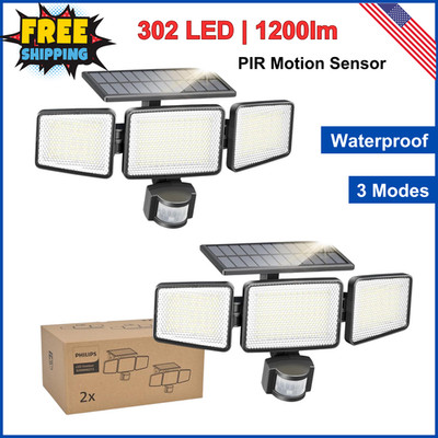 Philips Solar Security Light Outdoor 302 LED 1200lm Solar-Powered Waterproof 2PK