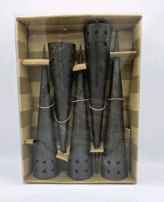 Bombay Company Primitive Set Of 5 Metal Cone Tree Tea Light Holders Stars...