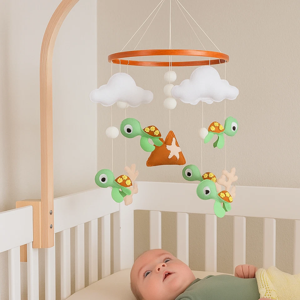 Tortuga Bebé Móvil Fieltro Neutro Guardería Cuna Haing Océano Mar Baby Shower Regalo Foto 3 de 4