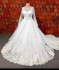 Brautkleid A-Linie Weiß Langarm V-Ausschnitt...