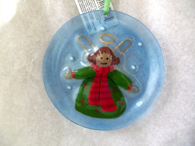Vtg RUSS Angel Glass Christmas Ornament!  NWT! ROUND!  FLATTER!  HAND PAINTED!