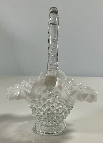 Vintage Fenton Glass White Clear Opalescent Hobnail Basket 6”