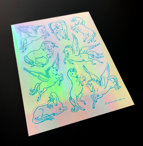 UNICORN PEGASUS HORSE HALLMARK vintage sticker decal PEARLY iridescent 1983 HOLO