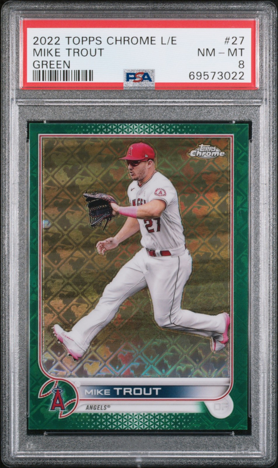 2022 TOPPS CHROME LOGOFRACTOR ED GREEN #27 MIKE TROUT 48/99 PSA 8