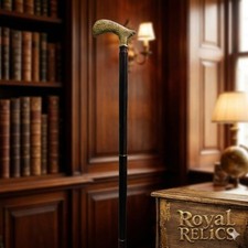 Antique Walking Stick Dark Wooden Cane Brass Ornate Floral Classic Handle