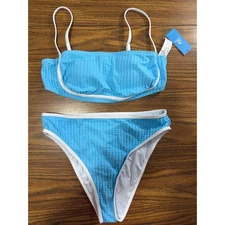 Cupshe Bikini Swimsuit Set Blue Textured High Cut White Trim Women's