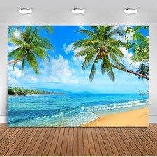 7x5ft Summer Beach Backdrop, Tropical Luau, Palm Leaves, Ocean, Photo Booth