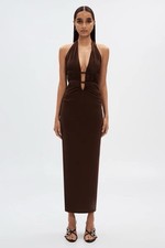 MISHA Celine Maxi Dress Small Espresso Brown Halter Plunging Neckline Wedding