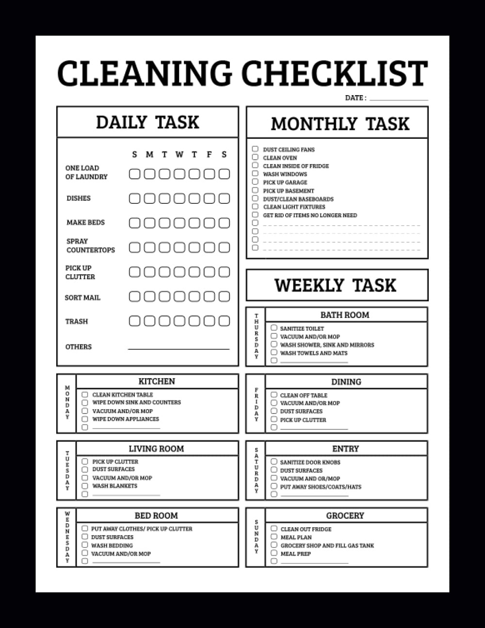 Cleaning Checklist: Daily Weekly and Monthly Cleaning Schedule Checklist Planner