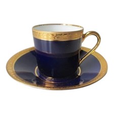 Limoges France Veritable Porcelain Demitasse Cup & Saucer Cobalt Blue Gold VTG