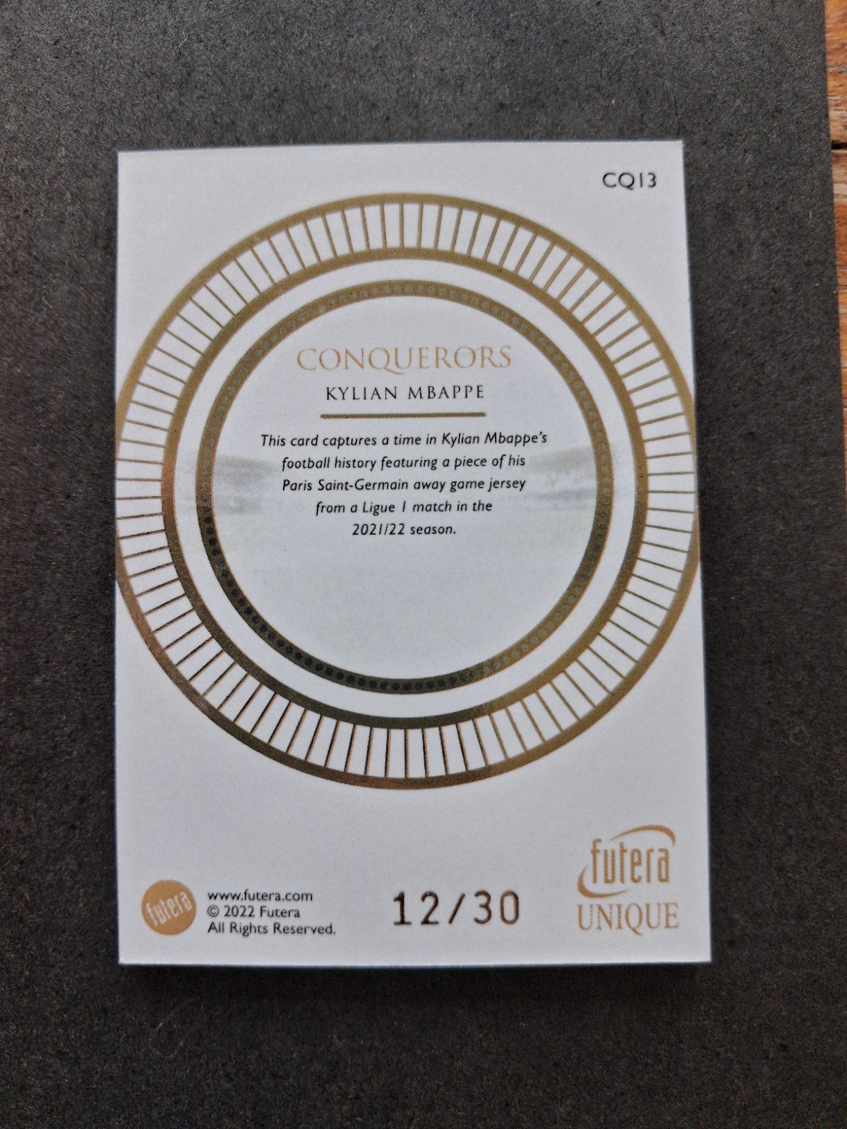Kylian Mbappe 2022 Futera Unique Conquerors Match Game Worn Jersey Patch /30 view 3