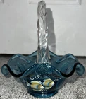 Signed Handpainted Fenton Ribbed Basket Hand Painted Fish Blue Art Glass
