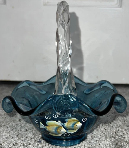 Signed Handpainted Fenton Ribbed Basket Hand Painted Fish Blue Art Glass