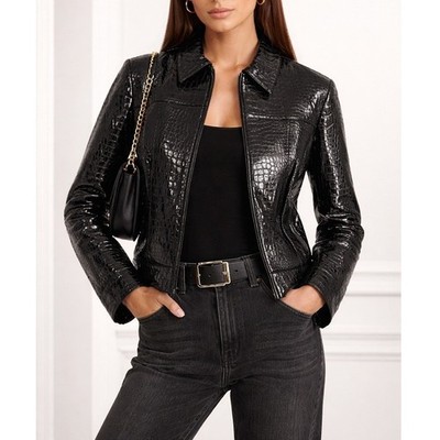 Paolo Santini Black Croc Embossed Leather Jacket Shiny Zip Front Womens 8 NEW