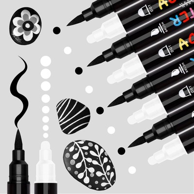 Black and White Paint Marker, 8 Pack Dual Tip Acrylic Paint Pens with Medium ...
